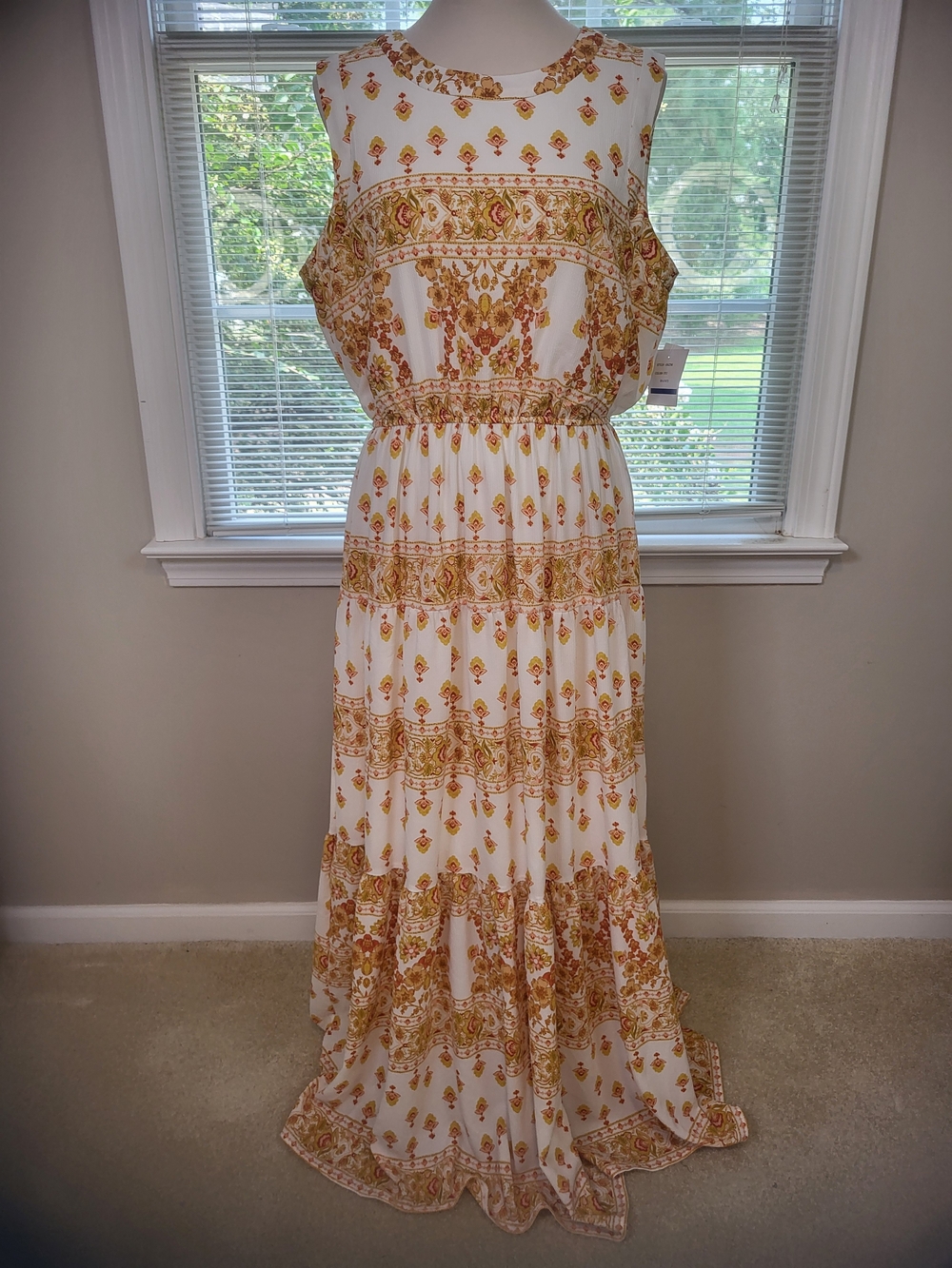Sleeveless White Maxi Dress with Gold Paisley Print